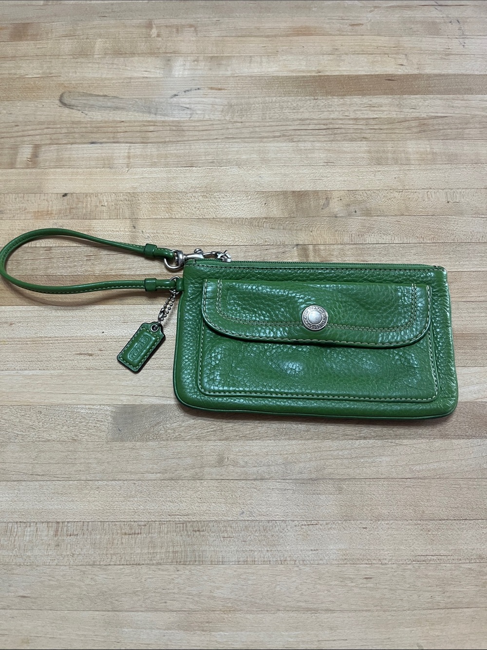 Coach Green Leather Wristlet with Front Snap Pocket